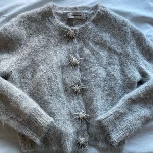 Gray Fuzzy Mohair Cardigan with Unique Button Detail